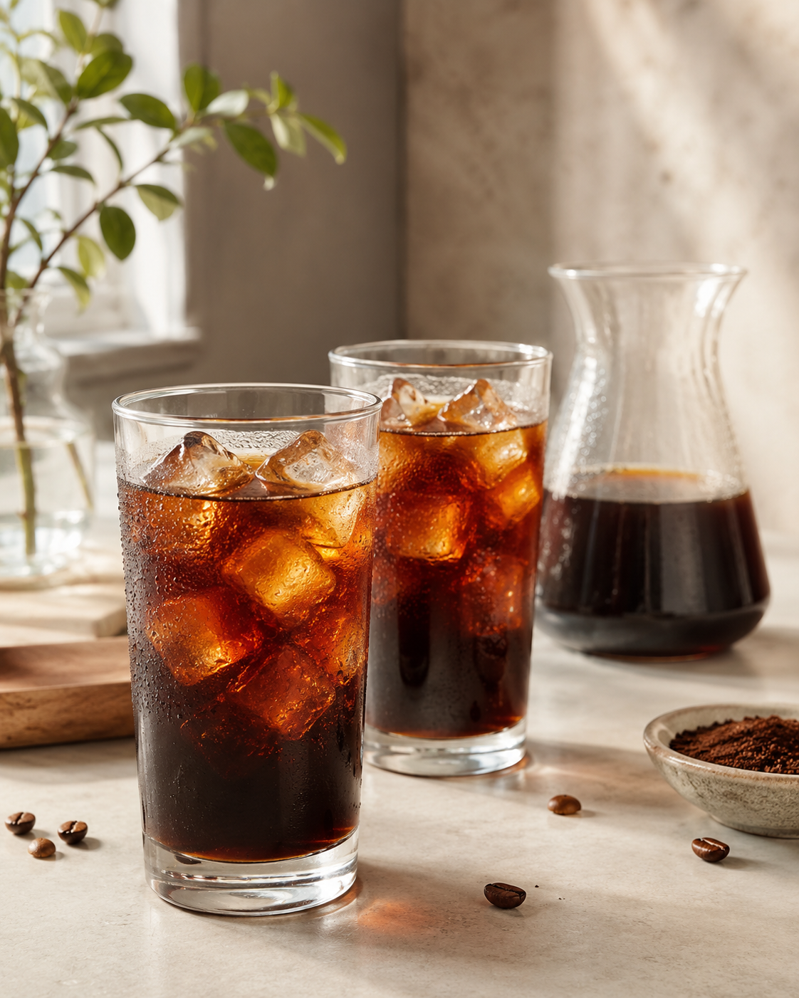 Deux verres de cold brew maison KOOTA avec glaçons et une carafe de café froid sur une table claire.