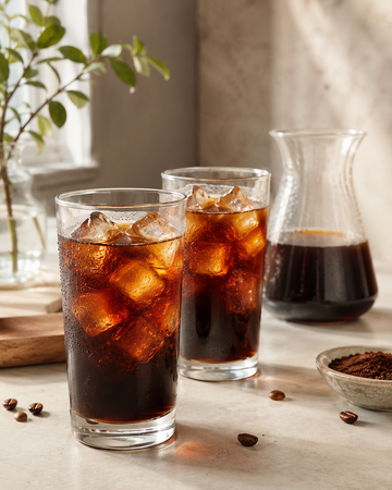 Deux verres de cold brew maison KOOTA avec glaçons et une carafe de café froid sur une table claire.