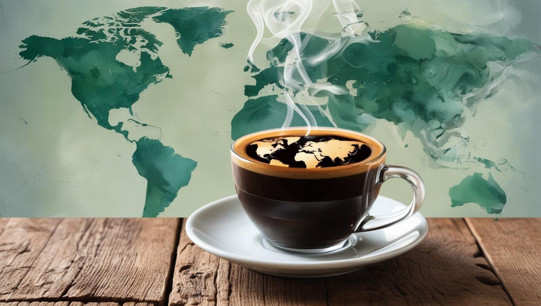 Une tasse de café avec une mousse en forme de carte du monde devant une carte du monde